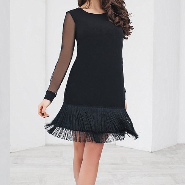 Черное платье с бахромой PRA-1156