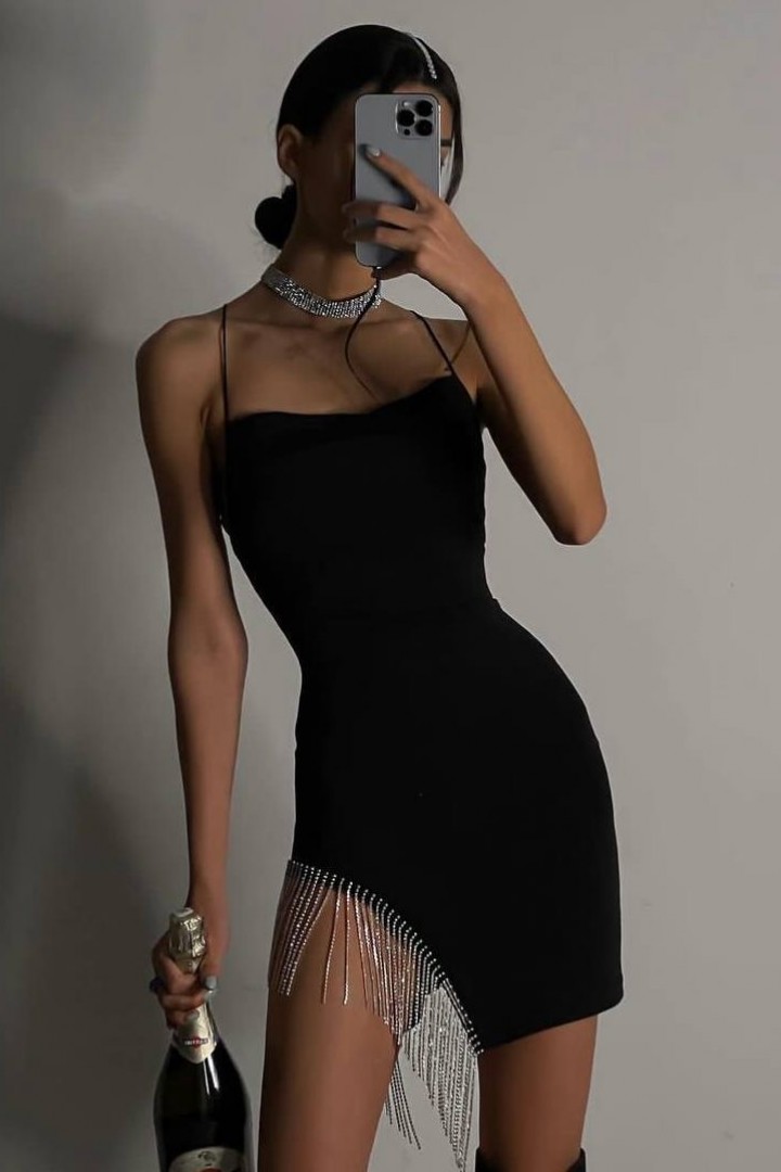 Чёрное платье с бахромой ANM-138A400