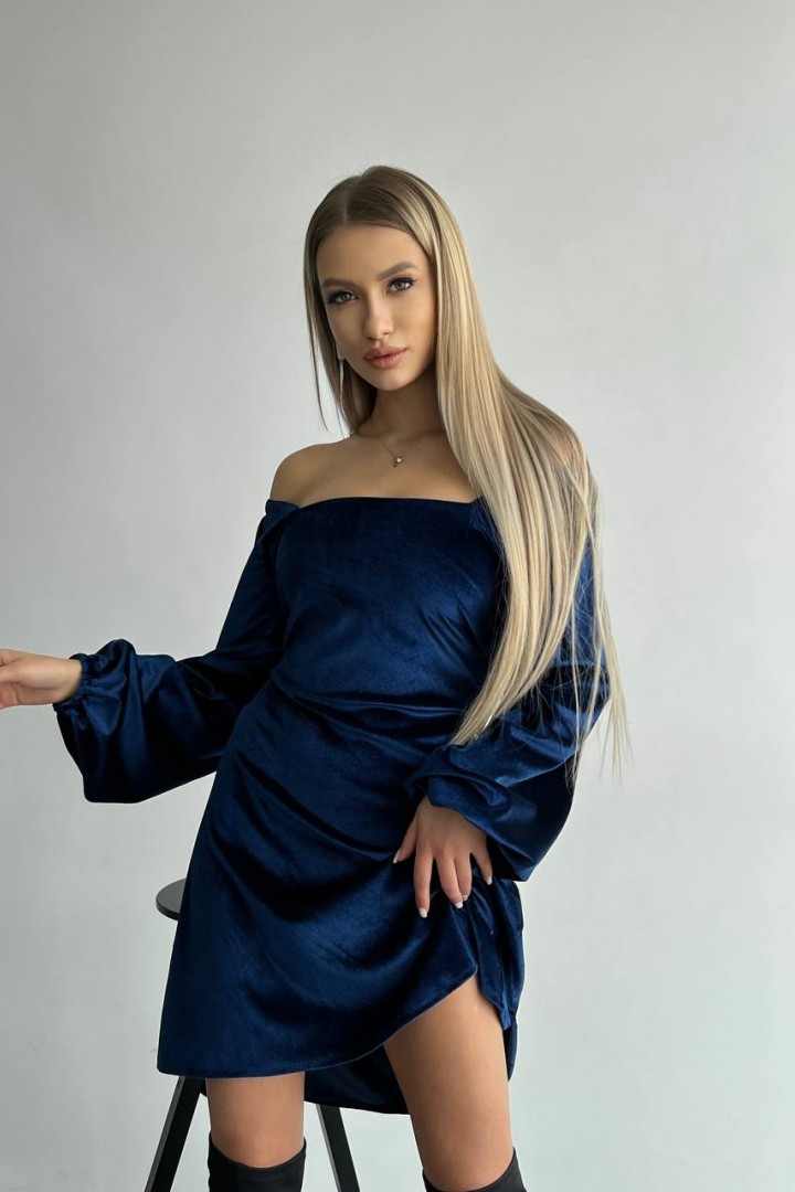 Blue velvet bardot long store sleeve ruched bodycon dress