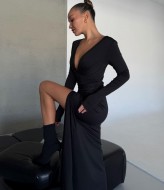 Черное платье в пол с разрезом   COB-821A399