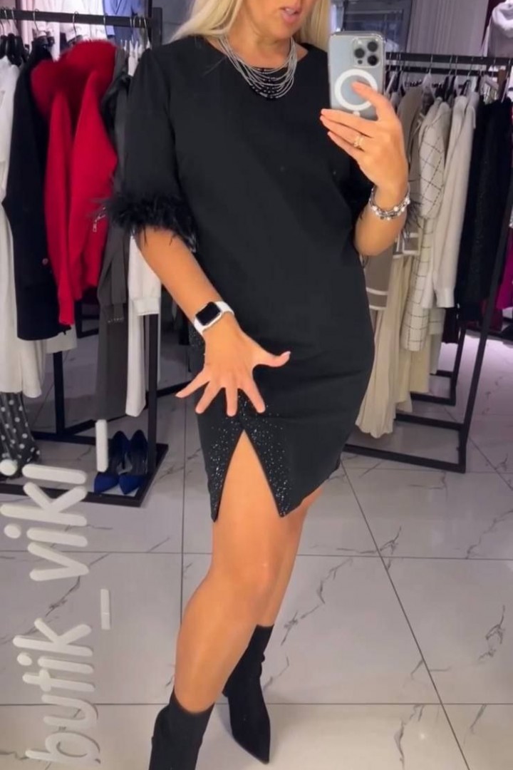 Черное платье с перьями NJ-LOU-1315A950